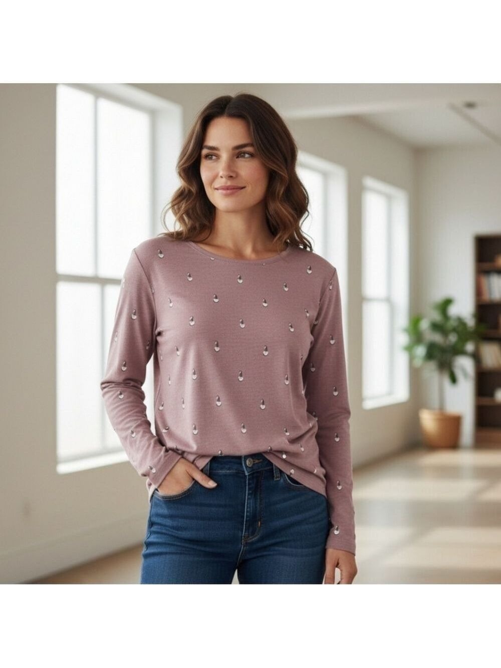 Christopher & Banks Gnome Pattern Long Sleeve Top Pink